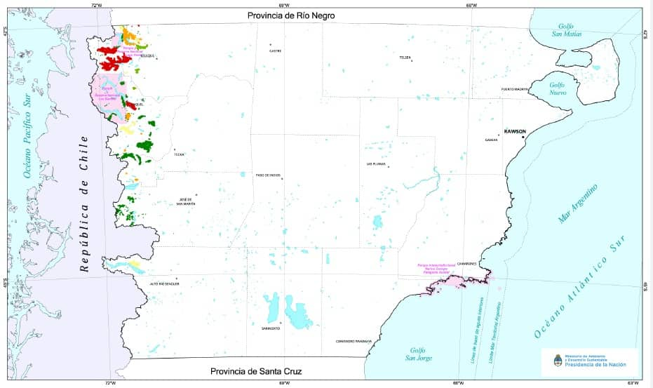 Mapa de la Provincia del Chubut con las zonas de acción marcadas